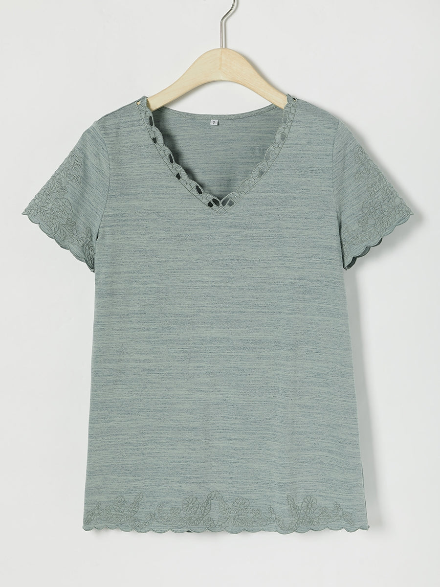 Lässiges, einfarbiges Kurzarm-T-Shirt mit V-Ausschnitt und Stickerei