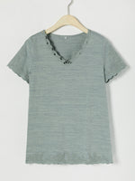 Lässiges, einfarbiges Kurzarm-T-Shirt mit V-Ausschnitt und Stickerei