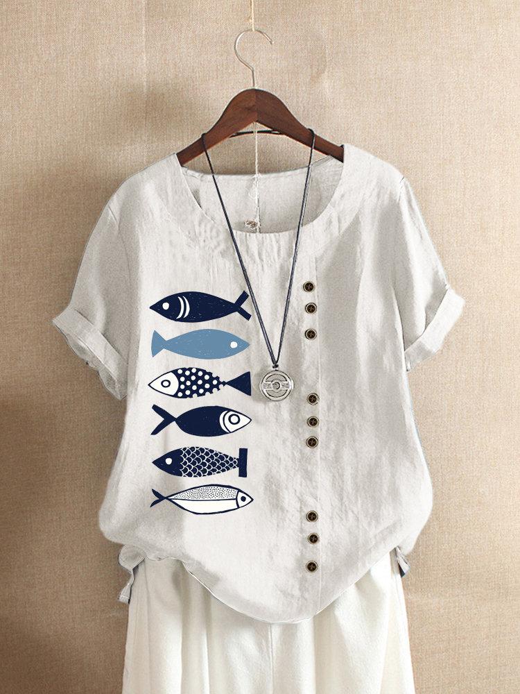 Button Cartoon Fish Print Short Sleeve Casual Blouse