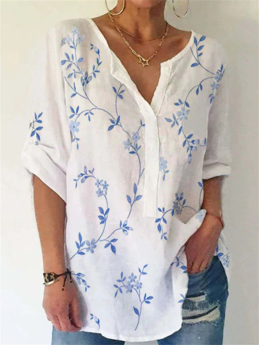 Leaf Print V-neck Long Sleeve White Shirt
