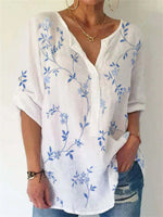 Leaf Print V-neck Long Sleeve White Shirt