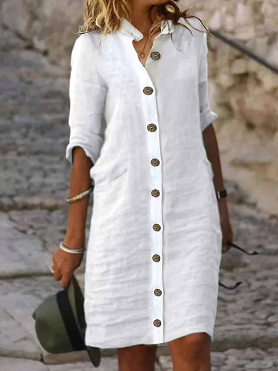 Half Sleeves Loose Buttoned Solid Color Stand Collar Mini Dress