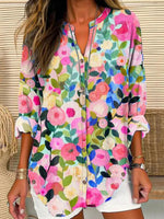 Vintage Button Flowers Printed V Neck Blouse