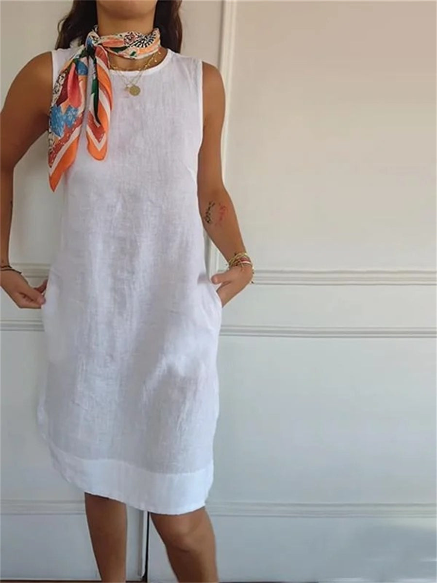 Robe unie simple à col rond sans manches