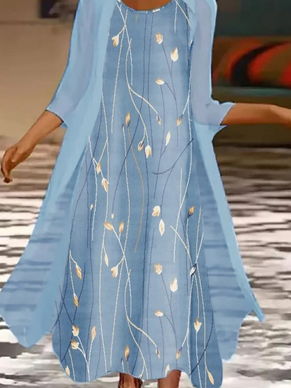 Women’s Floral Print Layered Midi Dress with Outerwear