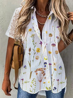 Floral Print Lapel Short Sleeve White Blouse