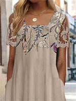 Women's Short Sleeve Square Collar Floral Printed Lace Stitching Midi Dress