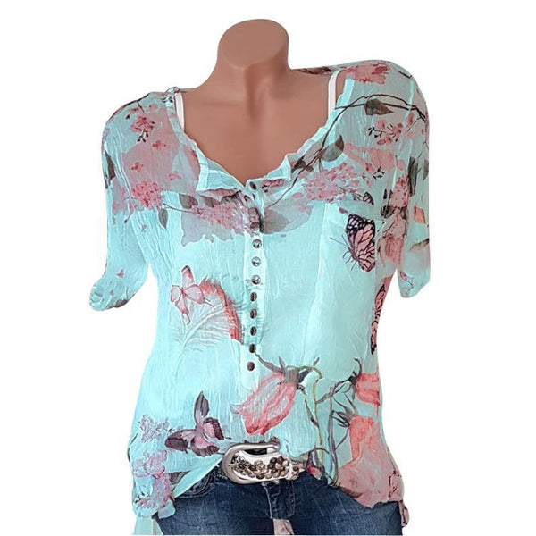 Floral Printed V-neck Short Sleeve Blouse