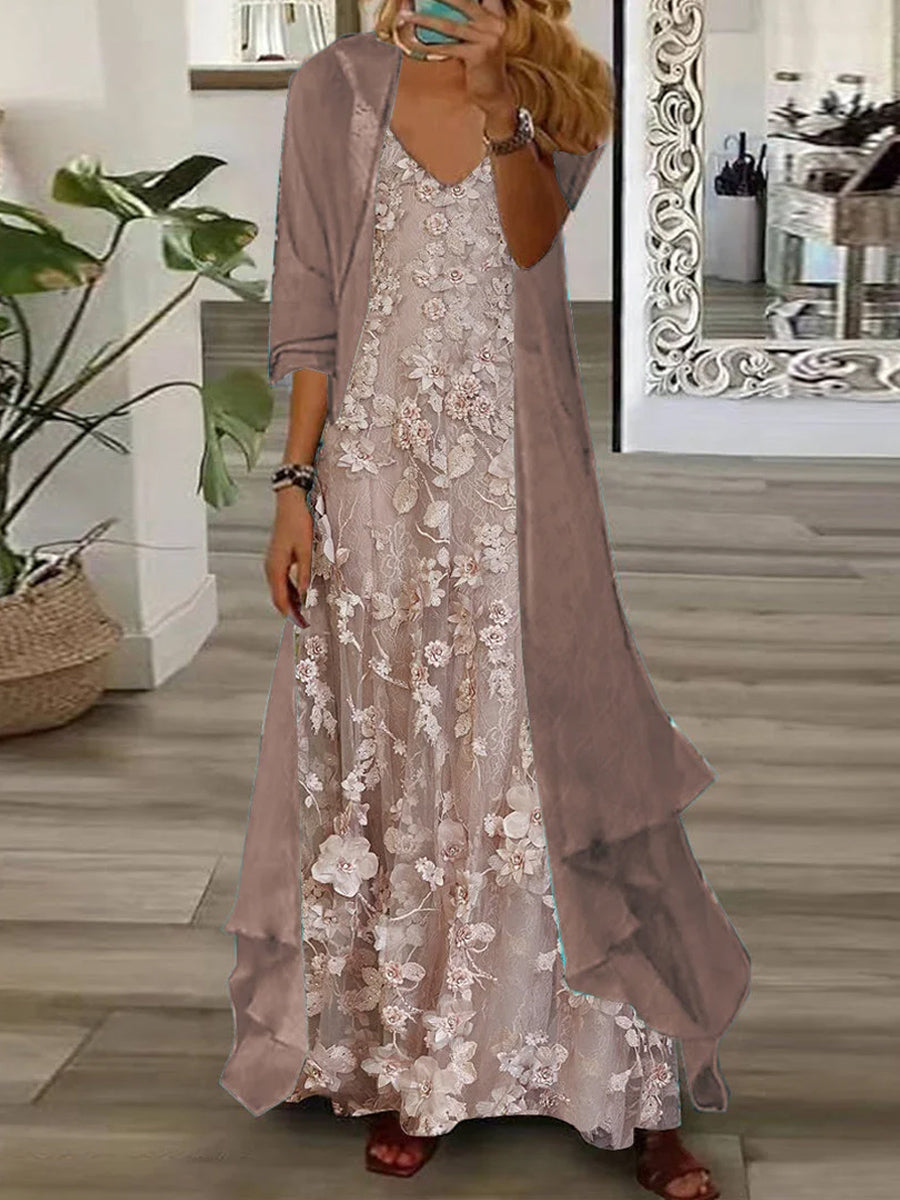 Robe longue deux pièces à manches longues et col en V pour femme, imprimée de fleurs