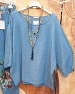 Blauer, bedruckter, bequemer, lockerer Zweiteiler mit 3/4-Ärmeln