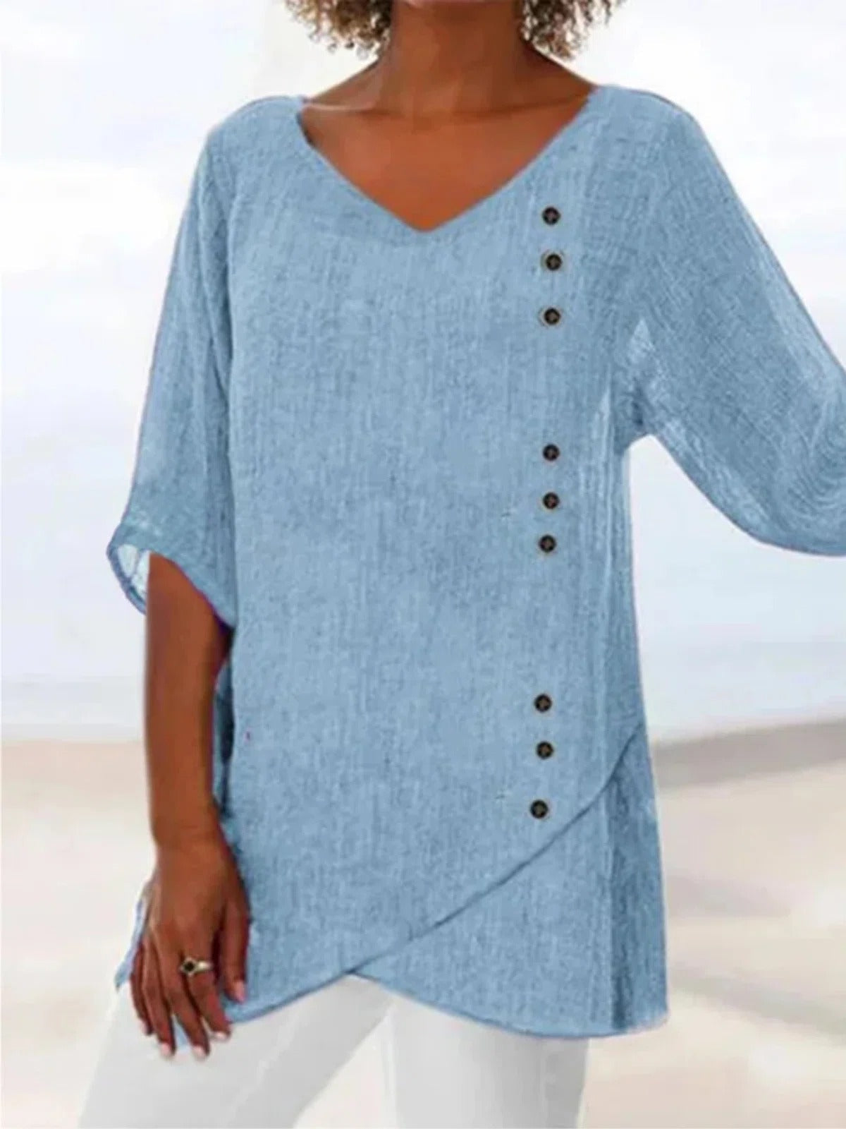Women’s Blue V-Neck 3/4 Sleeve Button-Trim Asymmetrical Hem Blouse