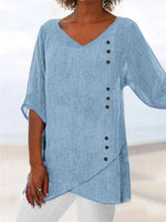 Women’s Blue V-Neck 3/4 Sleeve Button-Trim Asymmetrical Hem Blouse