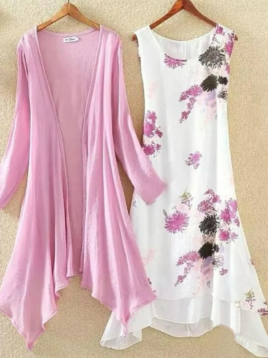 Robe midi rose à imprimé floral avec veste assortie