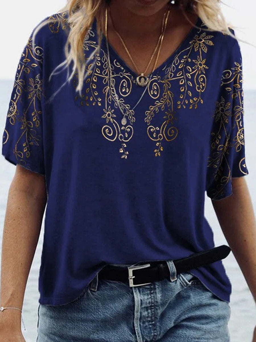 Leaf Print V-neck Short Sleeve Blue T-shirt