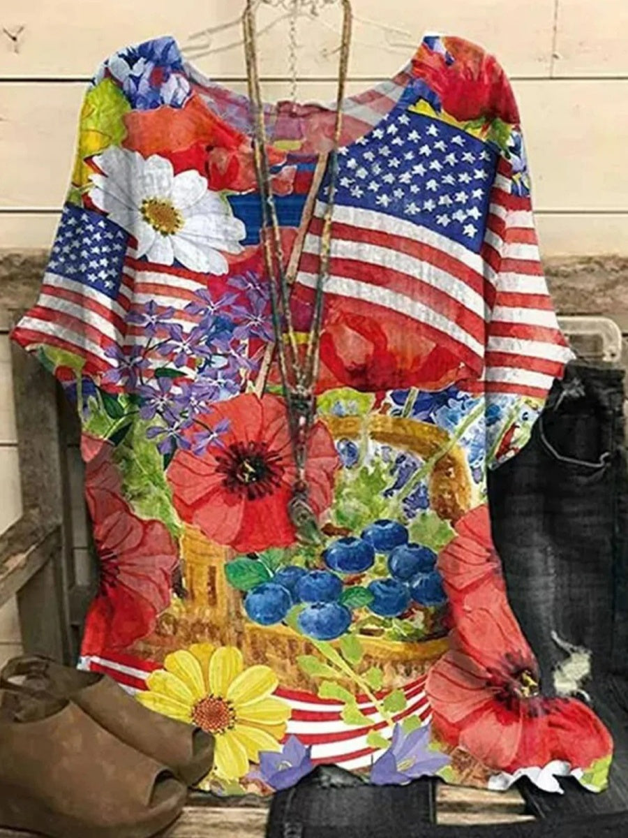 Crew Neck Floral And Flag Casual Batwing Sleeve Blouse