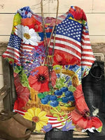 Crew Neck Floral And Flag Casual Batwing Sleeve Blouse