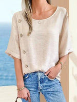 Chemise en lin unie décontractée à col rond et manches courtes