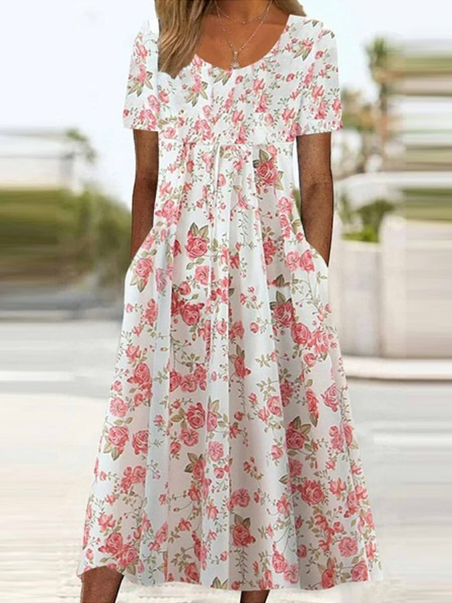 Lässiges Midikleid mit Rundhalsausschnitt, kurzen Ärmeln und Taschen