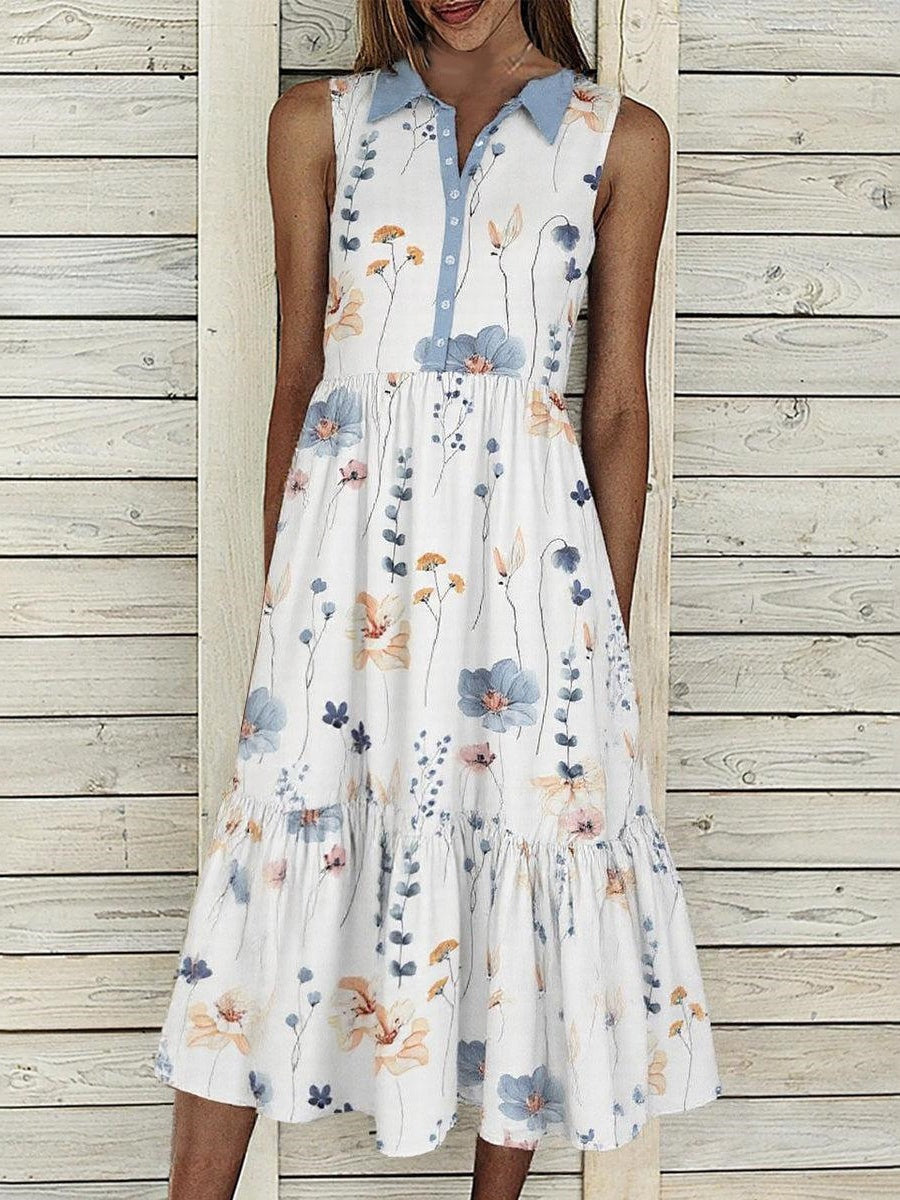 Robe maxi sans manches pour femme, à revers, imprimé floral, poches boutonnées et boutons.