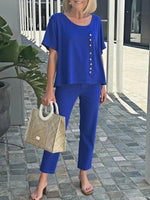 Fresh Blue Round Neck Short Sleeve Two Piece Set