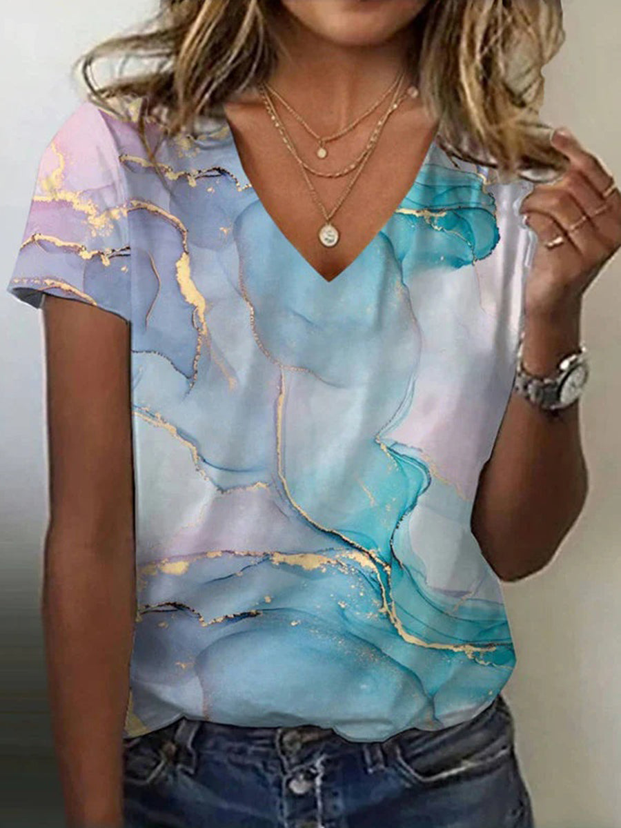 Lässiges Kurzarm-T-Shirt mit Farbverlauf und V-Ausschnitt