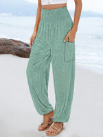 Green Plain Elastic Waistband Pants