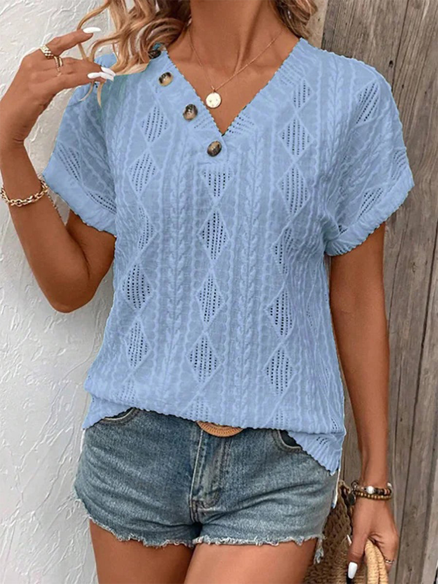 Loose Short Sleeve Buttoned Solid Color V-Neck T-Shirt
