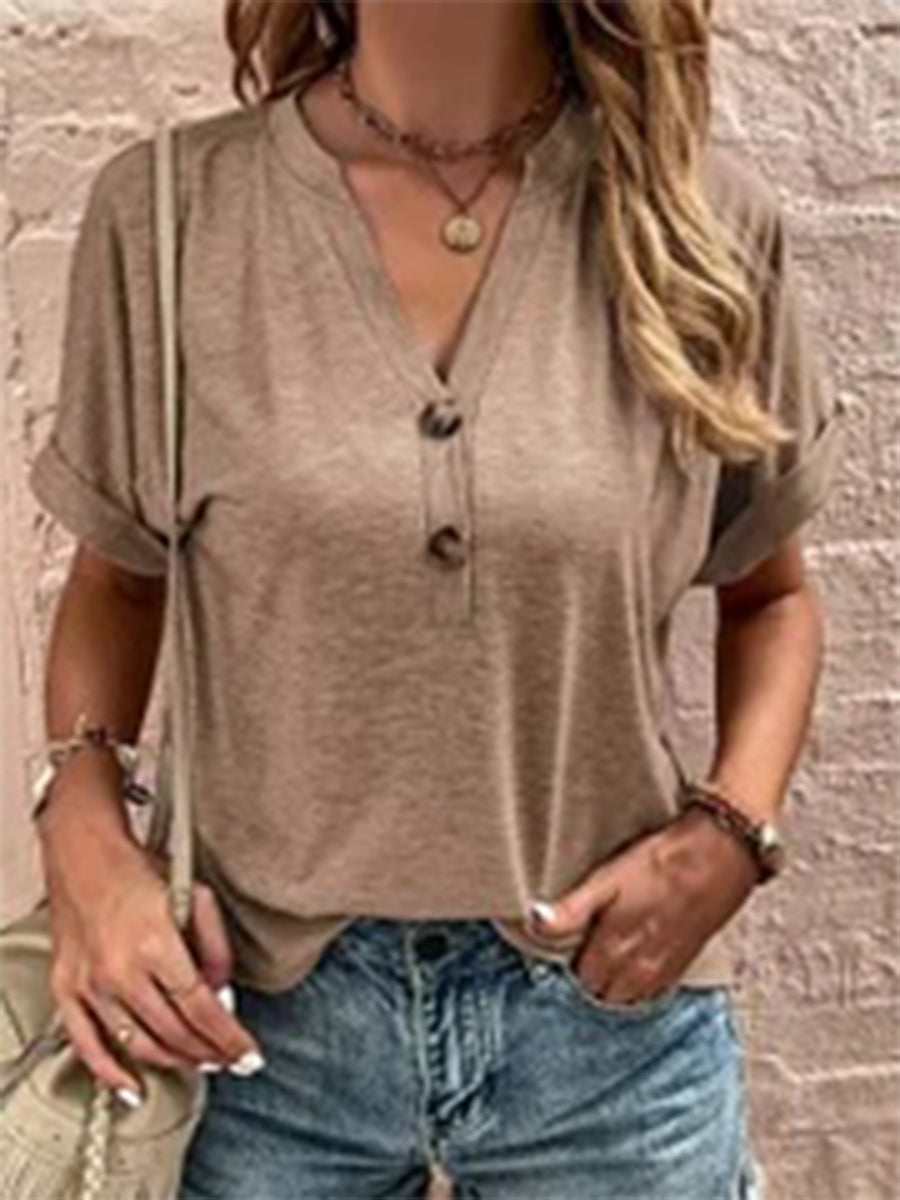 Women's Short Sleeve V-neck Button Solid Color Fashion Casual Top