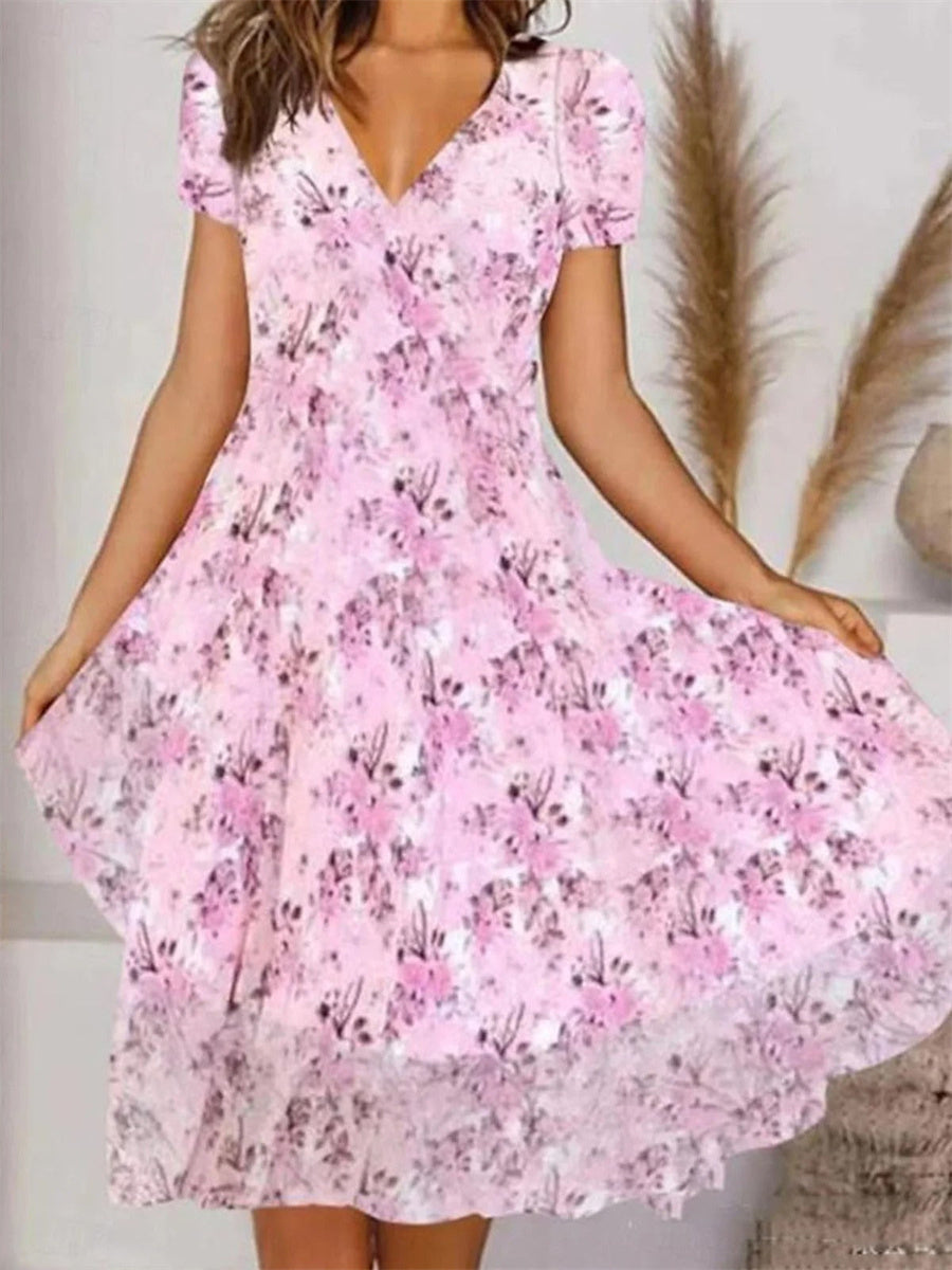 Floral Print V Neck Short Sleeve Midi Dress