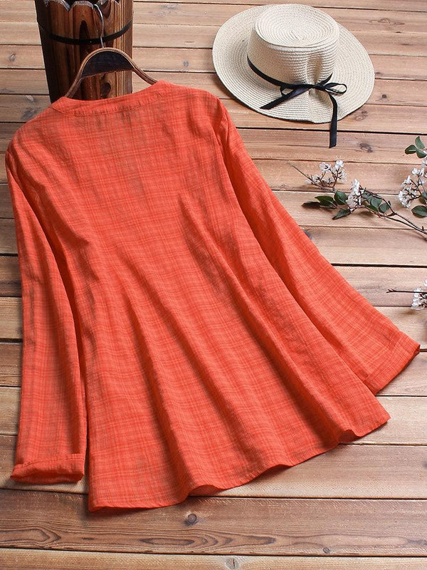 Vintage Plaid Side Button V-neck Long Sleeve Blouse