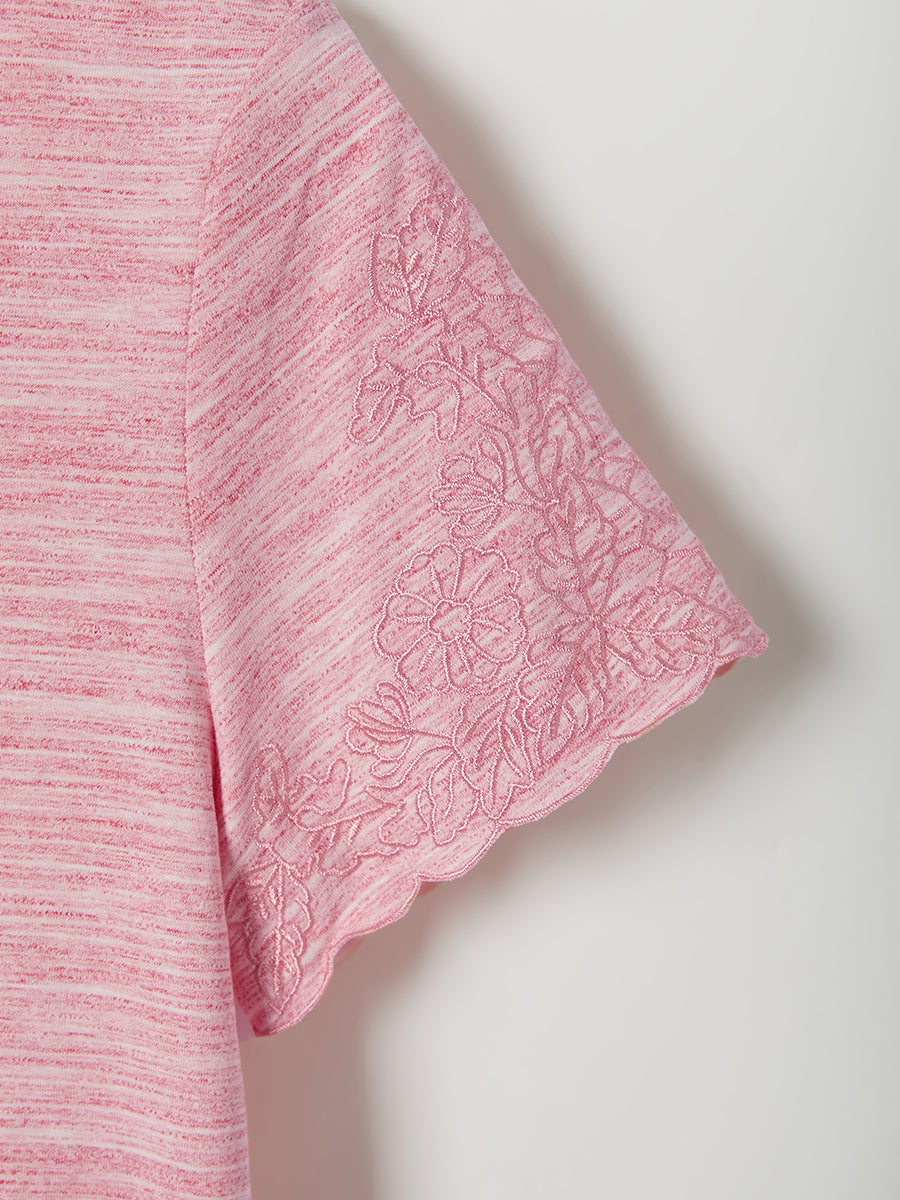 Lässiges, einfarbiges Kurzarm-T-Shirt mit V-Ausschnitt und Stickerei