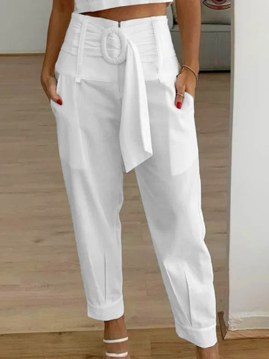 Pantalon court blanc uni décontracté à taille haute