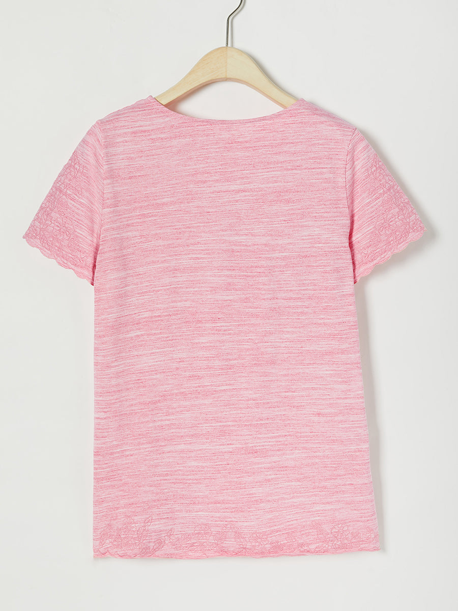 Lässiges, einfarbiges Kurzarm-T-Shirt mit V-Ausschnitt und Stickerei