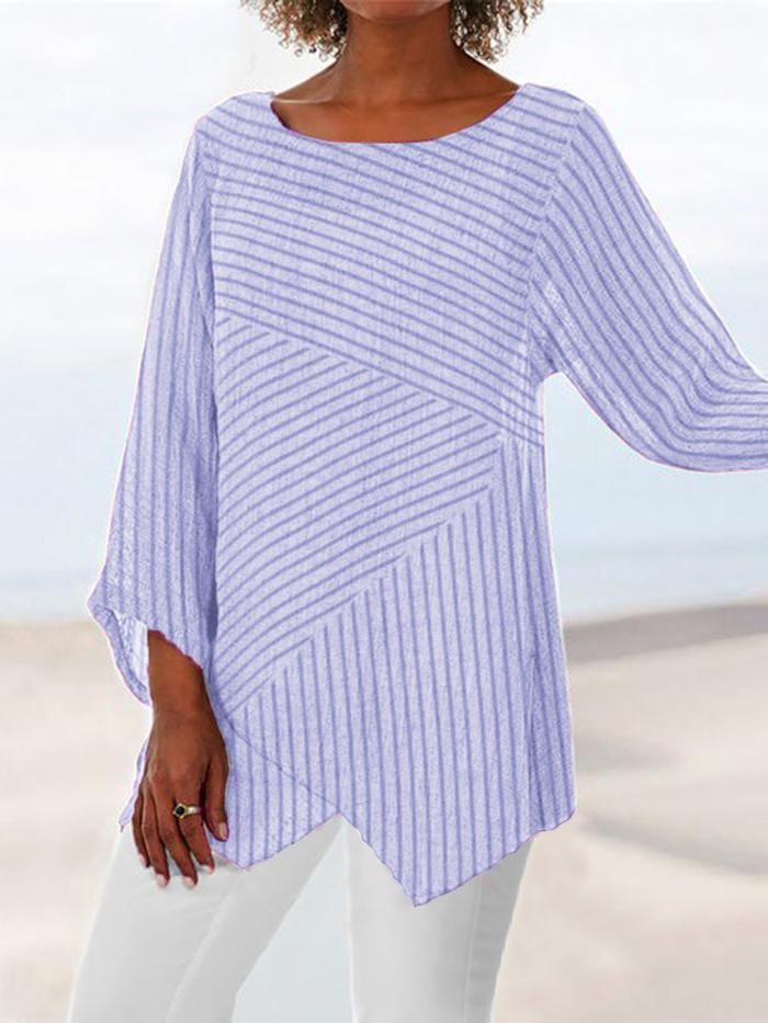 Crew Neck Long Sleeve Paneled Vacation Blouse