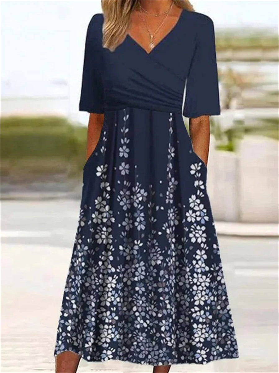 Navy Blue V-neck Floral Printed Half Sleeve Midi Dress