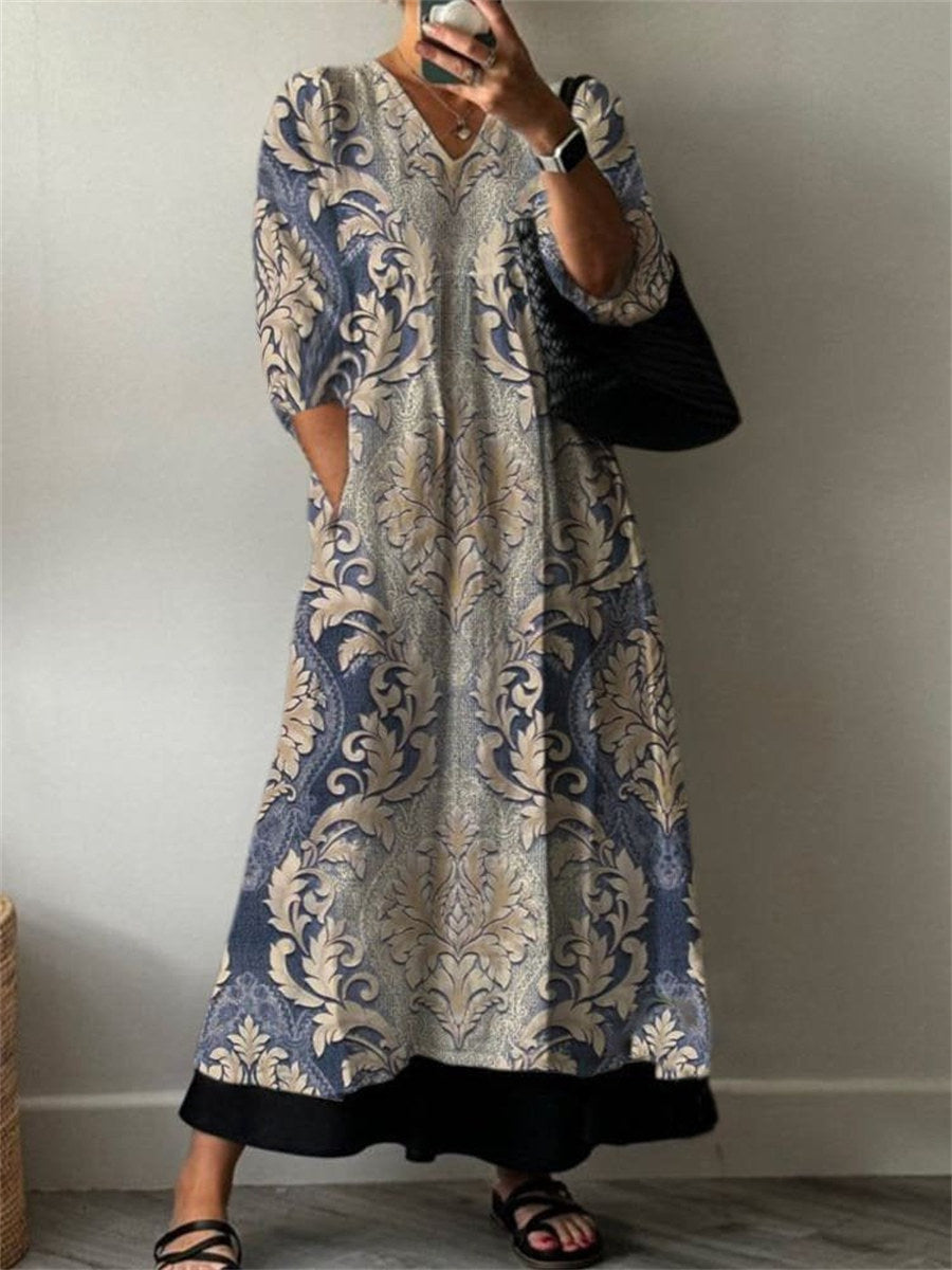 Ethnic V Neck Long Sleeve Casual Maxi Dress