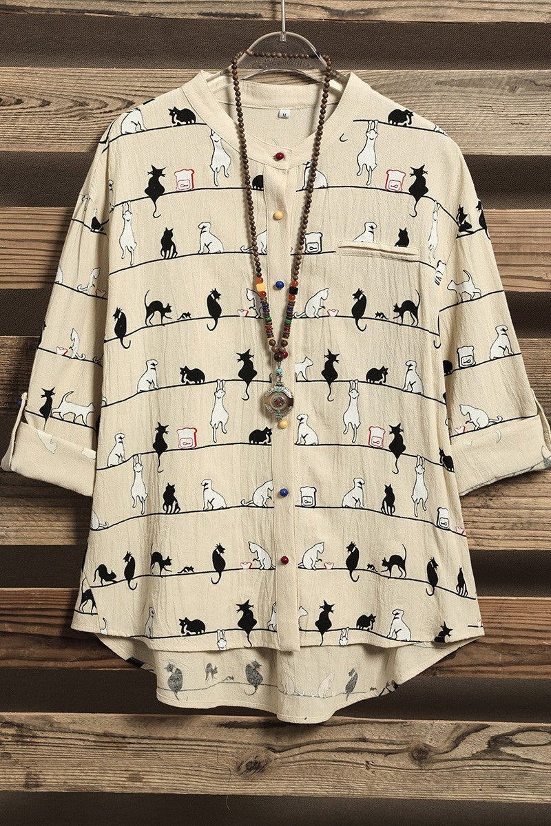 Chemise d'été décontractée à col montant et manches 3/4 pour femme, imprimé chat