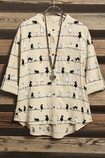 Chemise d'été décontractée à col montant et manches 3/4 pour femme, imprimé chat