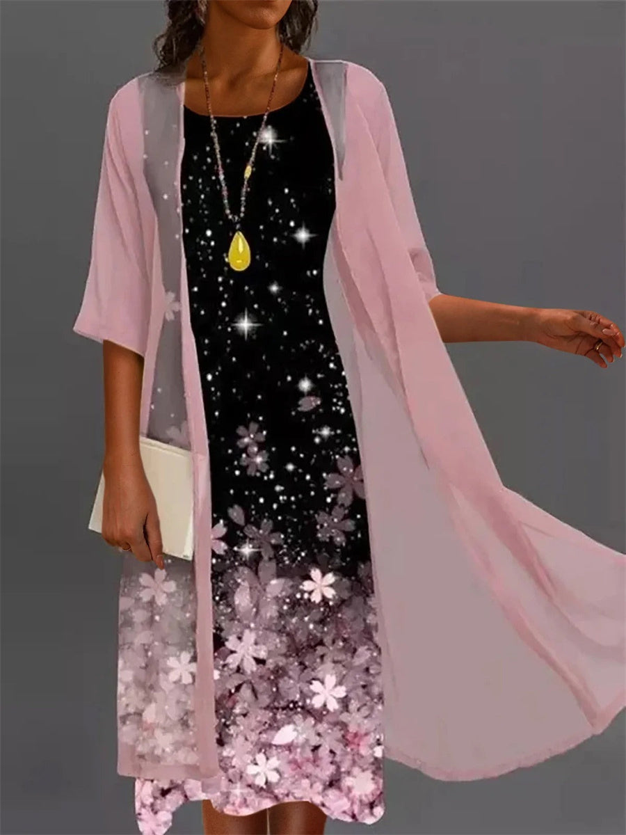 Floral Printed 3/4 Sleeve Round Neck Two Piece Midi Dress