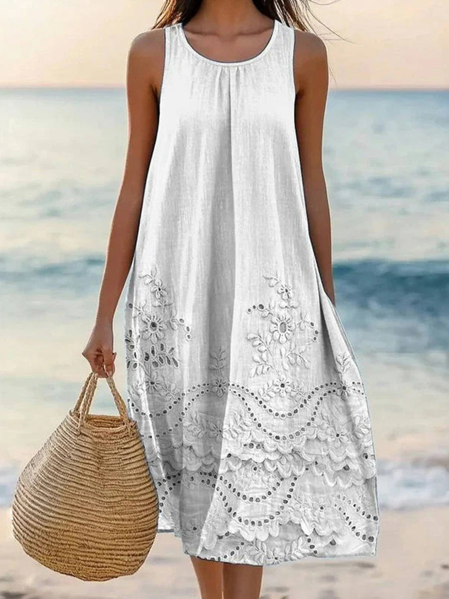 Elegant Floral Print Solid Color Round Neck Sleeveless White Dress