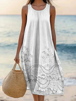 Elegant Floral Print Solid Color Round Neck Sleeveless White Dress