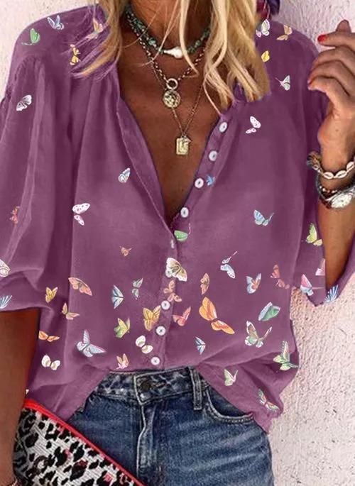 Butterflies Casual V-Neck Half Sleeve Blouse