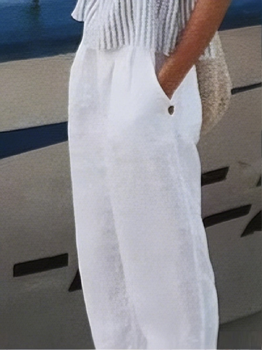 Women’s White Cotton Elastic Waist Pants with Pockets