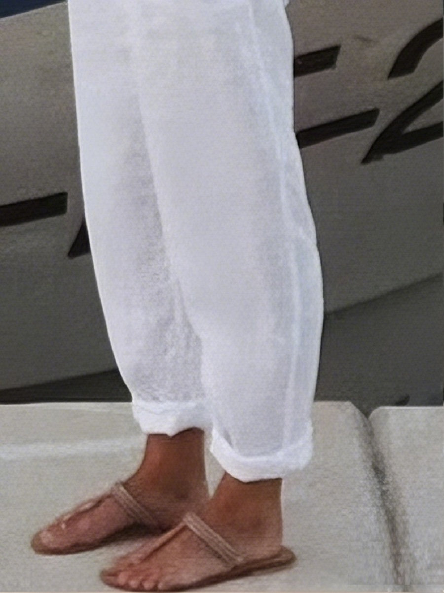 Women’s White Cotton Elastic Waist Pants with Pockets